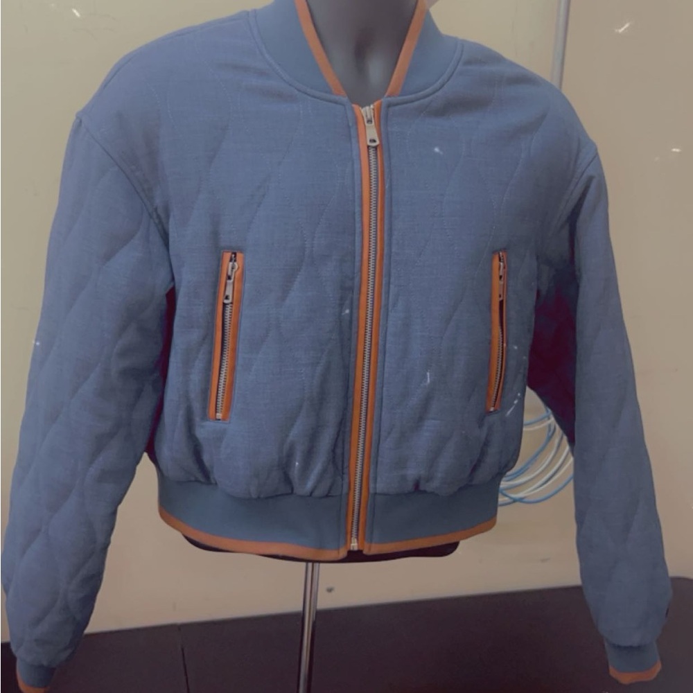 Blue Quilted Jacket with Brown trim  Accents//seven for all man kind